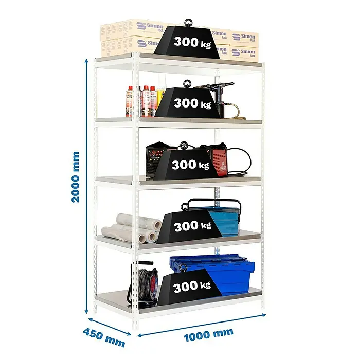 Simonrack Bricoforte Estantería para cargas pesadas Metal - Al x An x Pr: 200 x 100 x 45 cm, Capacidad de carga por balda: 300 kg, Número de baldas: 5 ud., Inserción, Blanco - Imagen de un estante resistente de cinco niveles, cargado con cajas de almacenamiento y herramientas, cada uno etiquetado con un peso de 300 kg.