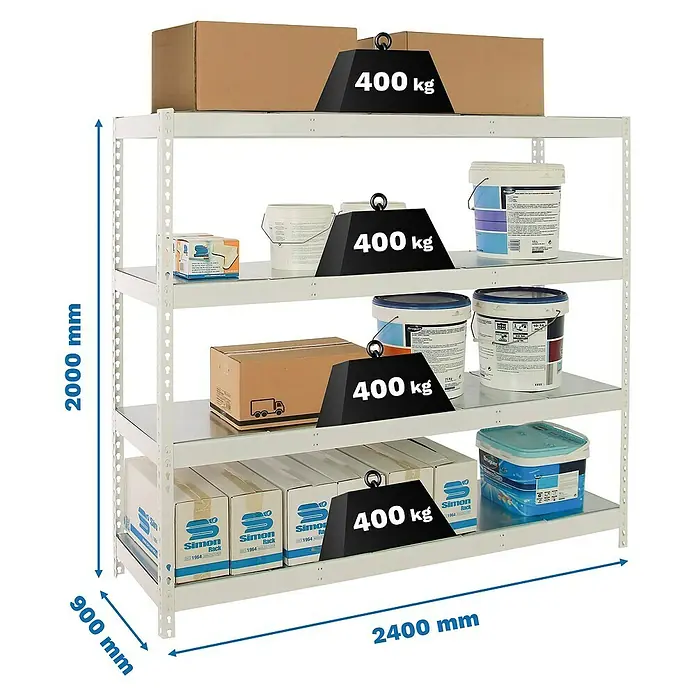 Simonrack Simonforte Estantería para cargas pesadas Metal - Al x An x Pr: 200 x 240 x 90 cm, Capacidad de carga por balda: 400 kg, Número de baldas: 4 ud., Inserción, Blanco/Galvanizado - Una robusta estantería de almacén blanca de cuatro niveles, llena de cajas y botes de pintura, con indicaciones de peso.
