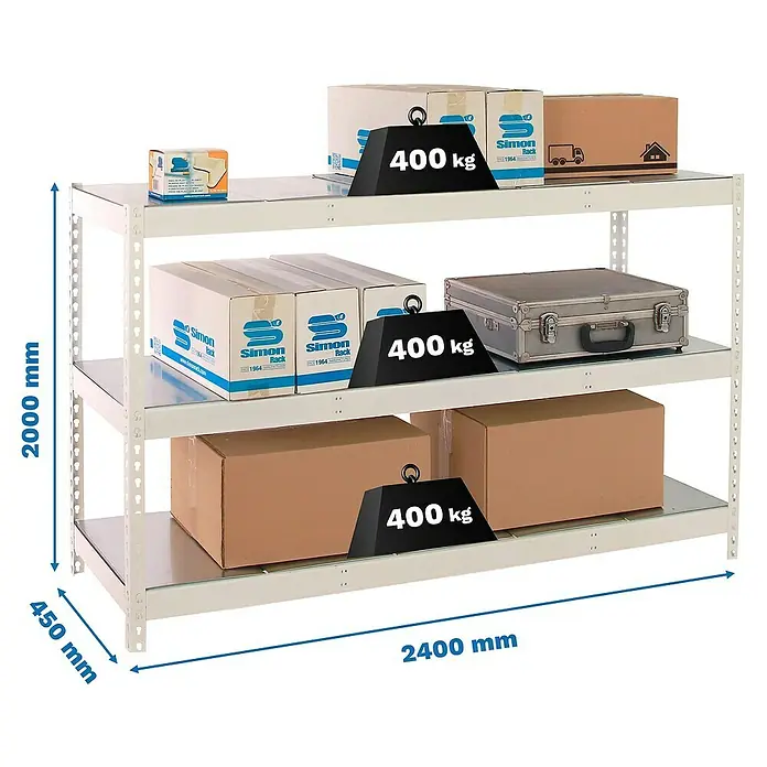 Simonrack Simonforte Estantería para cargas pesadas Metal - Al x An x Pr: 200 x 240 x 45 cm, Capacidad de carga por balda: 400 kg, Número de baldas: 3 ud., Inserción, Blanco/Galvanizado - Imagen de una estantería resistente blanca de alta resistencia con tres niveles, llenos de cajas y pesos, con indicaciones de tamaño.