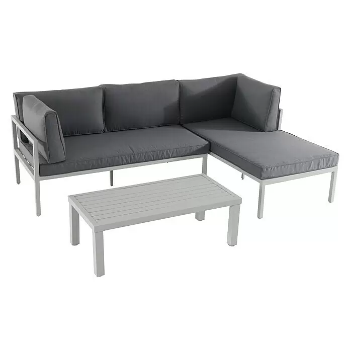 Sunfun Hannah Conjunto de muebles - 3 pzs., Aluminio, Gris claro - Sofá de exterior en forma de L con cojines grises y estructura de metal gris claro, más una mesa de centro de lamas a juego.