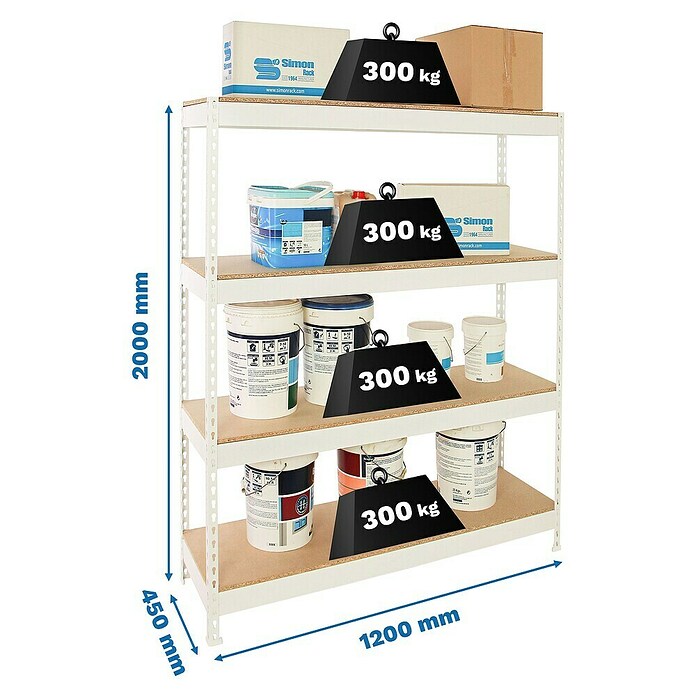 Simonrack Bricoforte Estantería para cargas pesadas Chipboard (Al x An x Pr: 200 x 120 x 45 cm, Capacidad de carga por balda: 300 kg, Número de baldas: 4 ud., Inserción, Blanco/Madera) | BAUHAUS
