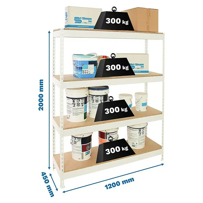 Simonrack Bricoforte Estantería para cargas pesadas Chipboard - Al x An x Pr: 200 x 120 x 45 cm, Capacidad de carga por balda: 300 kg, Número de baldas: 4 ud., Inserción, Blanco - Ilustración de una estantería de almacenamiento blanca de cuatro niveles, cargada con contenedores y pesos para mostrar la capacidad de carga.