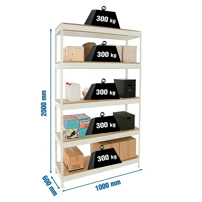 Simonrack Bricoforte Estantería para cargas pesadas Chipboard - Al x An x Pr: 200 x 100 x 60 cm, Capacidad de carga por balda: 300 kg, Número de baldas: 5 ud., Inserción, Blanco - Estantería metálica blanca con 5 estantes de madera, 2000x1000x600mm, 300kg de carga por estante.
