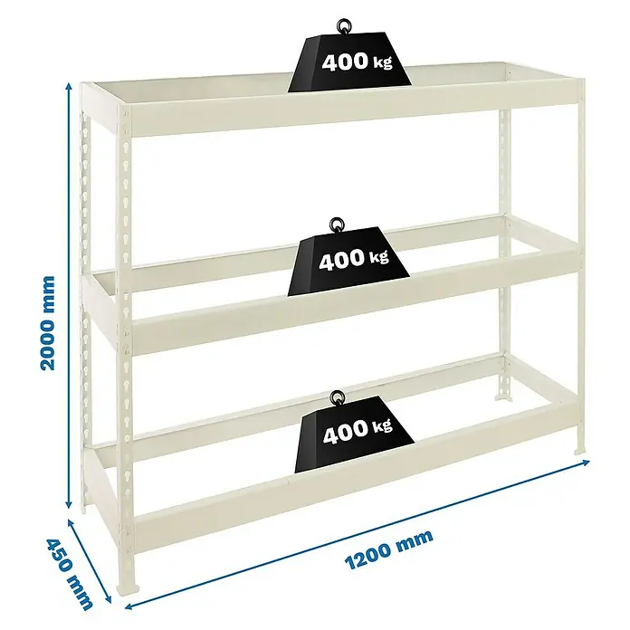 Simonrack Ecoforte Estantería para cargas pesadas - Al x An x Pr: 200 x 120 x 45 cm, Capacidad de carga por balda: 400 kg, Número de baldas: 3 ud., Inserción, Blanco, Bandejas no incluidas - Estantería metálica de tres niveles de 2000x1200x450 mm, con capacidad para soportar 400 kg por nivel, ideal para almacén y taller.