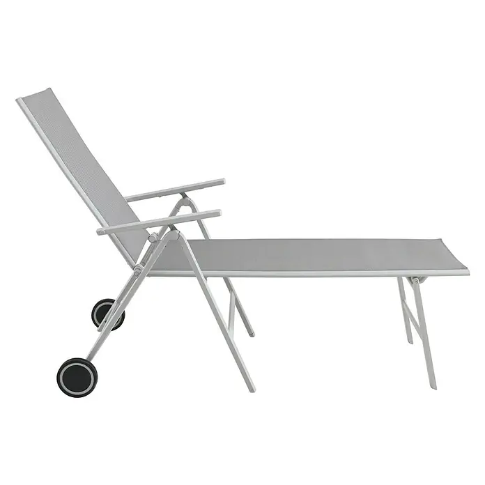 Sunfun Hannah Tumbona de jardín - 75 x 189 x 108 cm, Gris claro, Metal, Barra antivuelco - Tumbona gris con ruedas. La tumbona es plegable y tiene reposabrazos. Ideal para jardín, terraza o balcón.