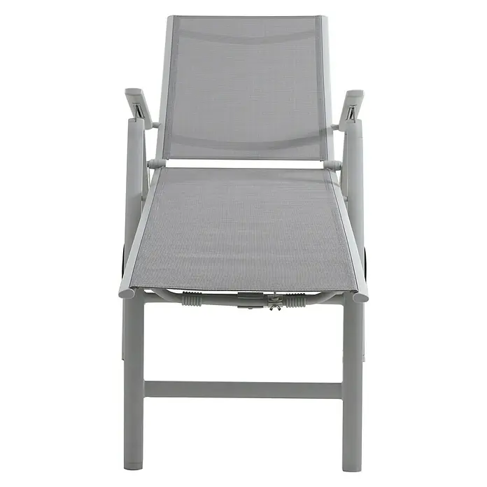 Sunfun Hannah Tumbona de jardín - 75 x 189 x 108 cm, Gris claro, Metal, Barra antivuelco - Primer plano de una moderna tumbona gris, ideal para relajarse al aire libre y un ambiente elegante.