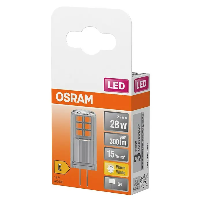 Osram Star LED-Lampe Pin G4 - G4, Nicht Dimmbar, Warmweiß, 300 lm, 2,6 W - OSRAM LED G4 Warmweiß-Leuchtmittel in Verpackung, 2,2W (28W Äquivalent), 300lm, 12V AC/DC.