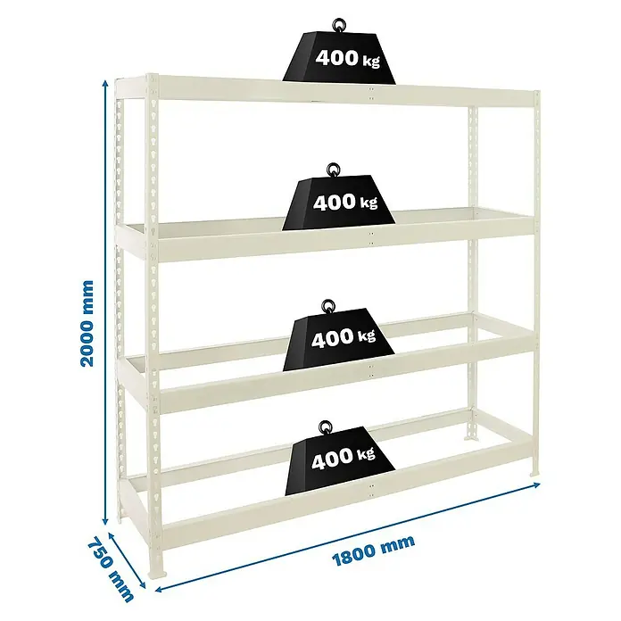 Simonrack Ecoforte Estantería para cargas pesadas - Al x An x Pr: 200 x 180 x 75 cm, Capacidad de carga por balda: 400 kg, Número de baldas: 4 ud., Inserción, Blanco, Bandejas no incluidas - Estantería resistente con cuatro niveles, cada uno soporta 400 kg, ideal para soluciones de almacenamiento.