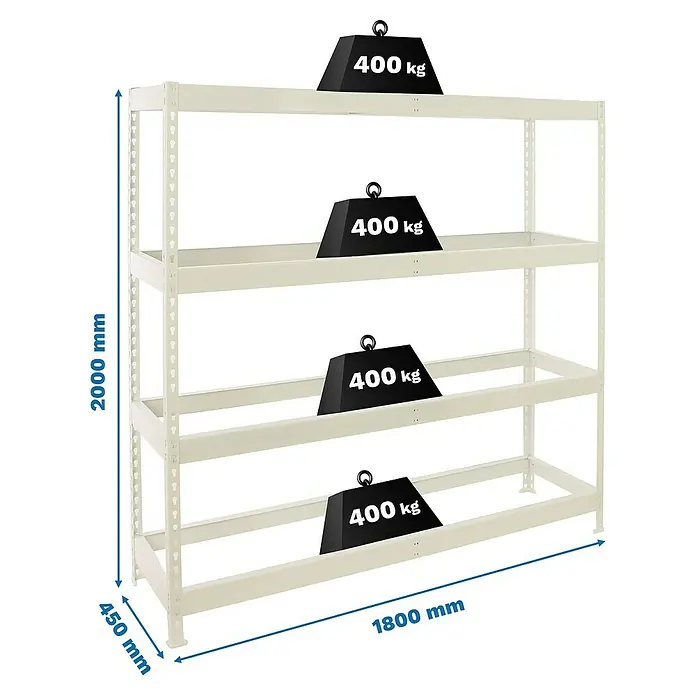 Simonrack Ecoforte Estantería para cargas pesadas - Al x An x Pr: 200 x 180 x 45 cm, Capacidad de carga por balda: 400 kg, Número de baldas: 4 ud., Inserción, Blanco, Bandejas no incluidas - La imagen muestra una estantería de alta resistencia con cuatro estantes, cada uno cargado con 400 kg, con dimensiones de 2000 mm de altura, 1800 mm de longitud y 450 mm de profundidad.