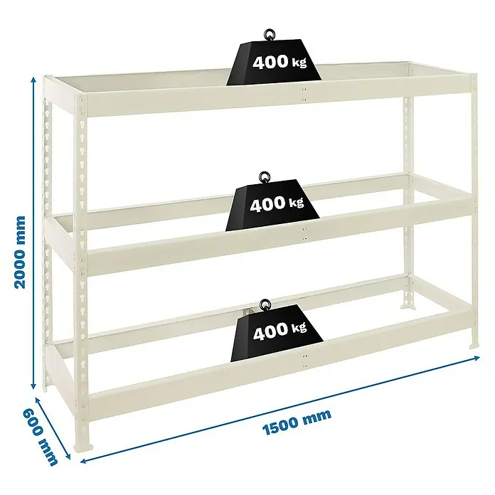 Simonrack Ecoforte Estantería para cargas pesadas - Al x An x Pr: 200 x 150 x 60 cm, Capacidad de carga por balda: 400 kg, Número de baldas: 3 ud., Inserción, Blanco, Bandejas no incluidas - Representación de una estantería resistente de tres niveles con pesos, que demuestra su capacidad de carga.