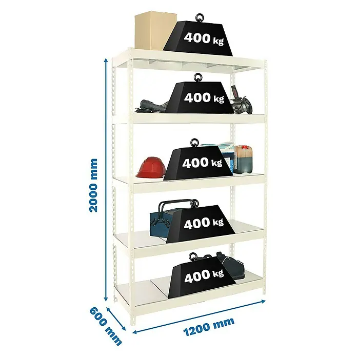 Simonrack Ecoforte Estantería para cargas pesadas Metal - Al x An x Pr: 200 x 120 x 60 cm, Capacidad de carga por balda: 400 kg, Número de baldas: 5 ud., Inserción, Blanco/Galvanizado - La imagen muestra una estantería de alta resistencia con cinco estantes, cada uno cargado con pesas y algunos artículos. Se indican las dimensiones.