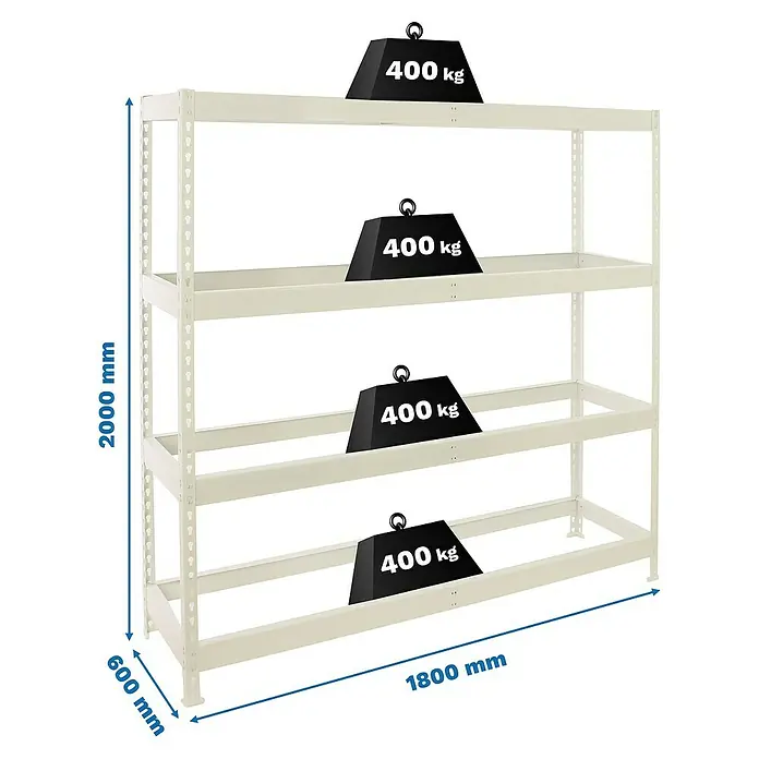 Simonrack Ecoforte Estantería para cargas pesadas - Al x An x Pr: 200 x 180 x 60 cm, Capacidad de carga por balda: 400 kg, Número de baldas: 4 ud., Inserción, Blanco, Bandejas no incluidas - Imagen de una estantería de carga pesada con cuatro niveles e indicación de peso.