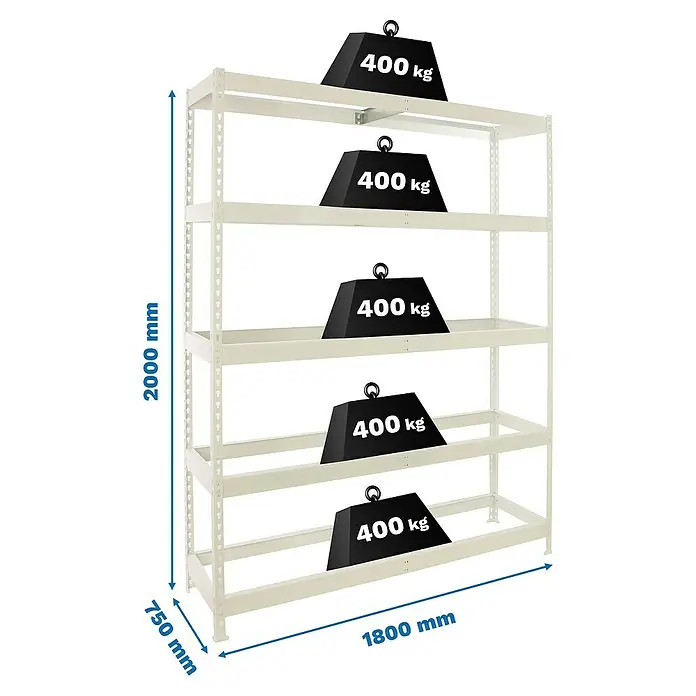Simonrack Ecoforte Estantería para cargas pesadas - Al x An x Pr: 200 x 180 x 75 cm, Capacidad de carga por balda: 400 kg, Número de baldas: 5 ud., Inserción, Blanco, Bandejas no incluidas - Estantería resistente blanca con cinco niveles, cada uno con capacidad de 400 kg, ideal para almacenes y talleres.