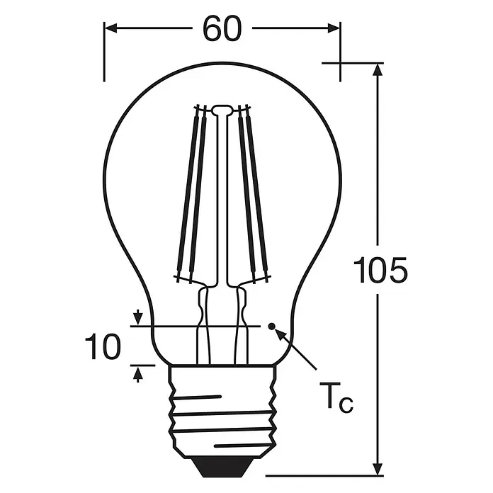 Osram LED-Lampen Set Base Classic - E27, Glänzend, Nicht Dimmbar, Warmweiß, 806 lm, 7 W, 6 Stk. - Maßzeichnung einer klassischen A60 LED Filament Glühbirne: 60mm Durchmesser, 105mm Höhe.