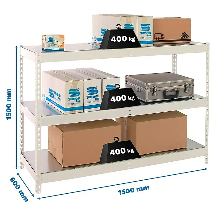 Simonrack Ecoforte Estantería para cargas pesadas Metal - Al x An x Pr: 150 x 150 x 60 cm, Capacidad de carga por balda: 400 kg, Número de baldas: 3 ud., Inserción, Blanco/Galvanizado - Vista de una estantería de almacenamiento de tres niveles con una capacidad de carga de 400 kg por nivel, ideal para almacenes y talleres.
