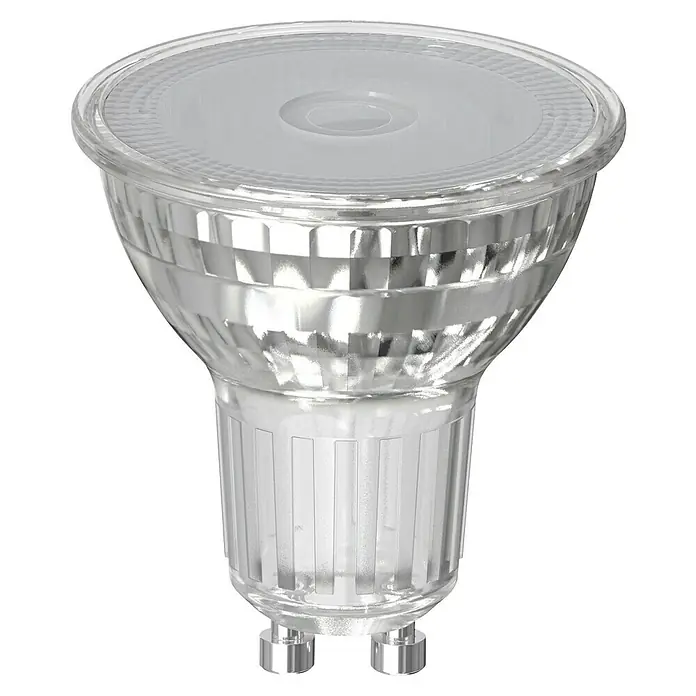Osram Superstar LED-Lampe PAR16 - 3,7W - GU10, Dimmbar, Warmweiß, 350 lm, 3,7 W - Nahaufnahme einer GU10 LED-Lampe mit silbernem Reflektor und klarem Gehäuse, ideal für moderne Beleuchtungslösungen.