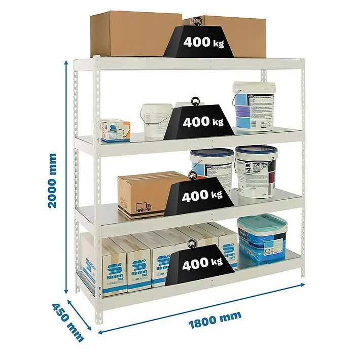Simonrack Ecoforte Estantería para cargas pesadas Metal - Al x An x Pr: 200 x 180 x 45 cm, Capacidad de carga por balda: 400 kg, Número de baldas: 4 ud., Inserción, Blanco/Galvanizado - Estantería metálica con cuatro estantes, cargada con varias cajas y cubos, y marcada con pesos de 400 kg.