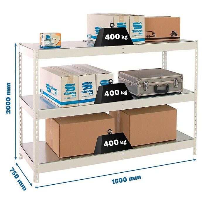 Simonrack Ecoforte Estantería para cargas pesadas Metal (Al x An x Pr: 200 x 150 x 75 cm, Capacidad de carga por balda: 400 kg, Número de baldas: 3 ud., Inserción, Blanco/Galvanizado) | BAUHAUS