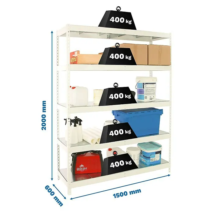 Simonrack Ecoforte Estantería para cargas pesadas Metal - Al x An x Pr: 200 x 150 x 60 cm, Capacidad de carga por balda: 400 kg, Número de baldas: 5 ud., Inserción, Blanco/Galvanizado - Una estantería blanca de alta resistencia con cinco niveles, cargada con varios artículos y pesos negros que indican 400 kg cada uno.
