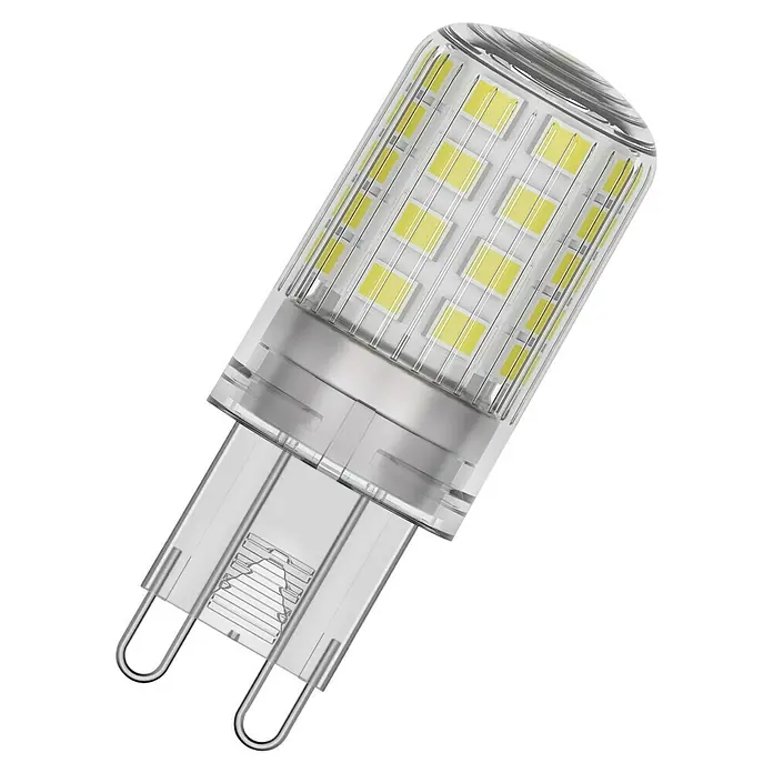 Osram Star Bombilla LED - G9, No regulable, Blanco cálido, 470 lm, 3,8 W - Bombilla LED G9 transparente con chips LED amarillos visibles y pines plateados.
