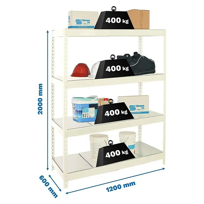 Simonrack Ecoforte Estantería para cargas pesadas Metal - Al x An x Pr: 200 x 120 x 60 cm, Capacidad de carga por balda: 400 kg, Número de baldas: 4 ud., Inserción, Blanco/Galvanizado - Una robusta estantería metálica blanca con cuatro niveles, cada uno representado con una capacidad de carga de 400 kg por nivel.