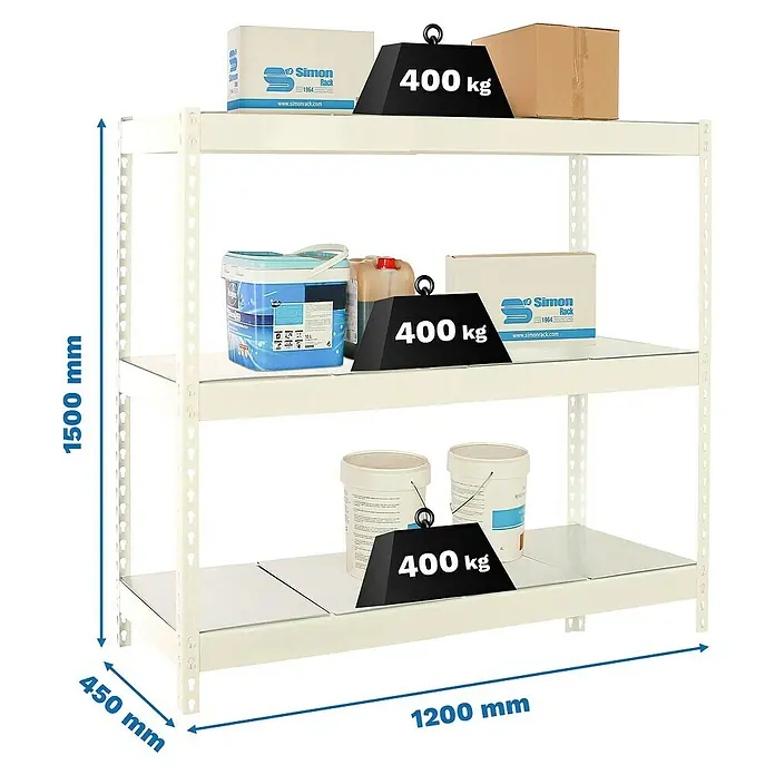 Simonrack Ecoforte Estantería para cargas pesadas Metal - Al x An x Pr: 150 x 120 x 45 cm, Capacidad de carga por balda: 400 kg, Número de baldas: 3 ud., Inserción, Blanco/Galvanizado - Una estantería blanca de tres niveles para cargas pesadas con etiquetas de peso, ideal para almacenamiento.