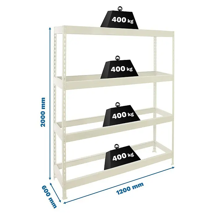 Simonrack Ecoforte Estantería para cargas pesadas - Al x An x Pr: 200 x 120 x 60 cm, Capacidad de carga por balda: 400 kg, Número de baldas: 4 ud., Inserción, Blanco, Bandejas no incluidas - Estantería con cuatro estantes, cada uno cargado con 400 kg. La estantería mide 2000 mm de alto, 1200 mm de ancho y 600 mm de profundidad.