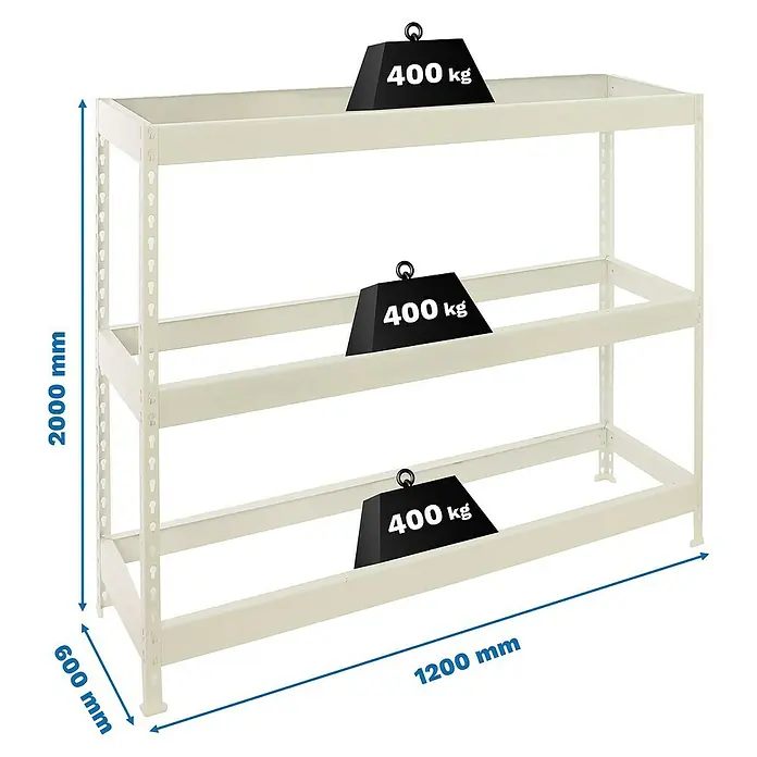 Simonrack Ecoforte Estantería para cargas pesadas - Al x An x Pr: 200 x 120 x 60 cm, Capacidad de carga por balda: 400 kg, Número de baldas: 3 ud., Inserción, Blanco, Bandejas no incluidas - Imagen del producto de un estante metálico blanco con tres niveles, cada uno cargado con un peso de 400 kg, y las dimensiones 2000 mm de alto, 1200 mm de ancho y 600 mm de profundidad.