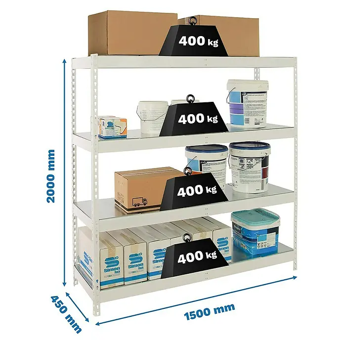 Simonrack Ecoforte Estantería para cargas pesadas Metal - Al x An x Pr: 200 x 150 x 45 cm, Capacidad de carga por balda: 400 kg, Número de baldas: 4 ud., Inserción, Blanco/Galvanizado - Una robusta estantería blanca de alta resistencia con cuatro niveles, cargada con cajas y botes de pintura, que ofrece una capacidad de carga de 400 kg por nivel.