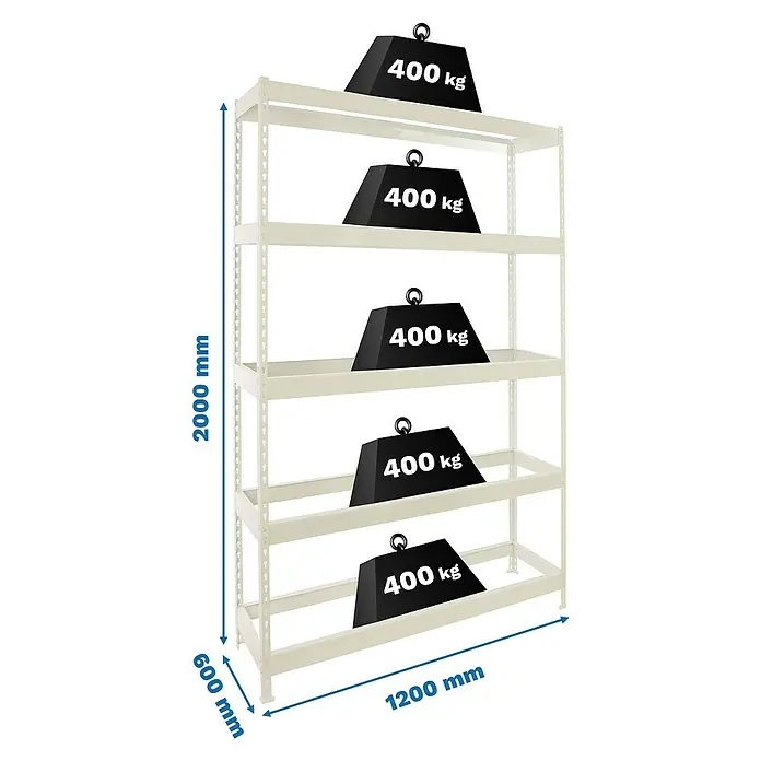 Simonrack Ecoforte Estantería para cargas pesadas - Al x An x Pr: 200 x 120 x 60 cm, Capacidad de carga por balda: 400 kg, Número de baldas: 5 ud., Inserción, Blanco, Bandejas no incluidas - Una estantería blanca resistente con cinco niveles, cada uno cargado con un peso de 400 kg, mostrado con indicaciones de dimensiones.