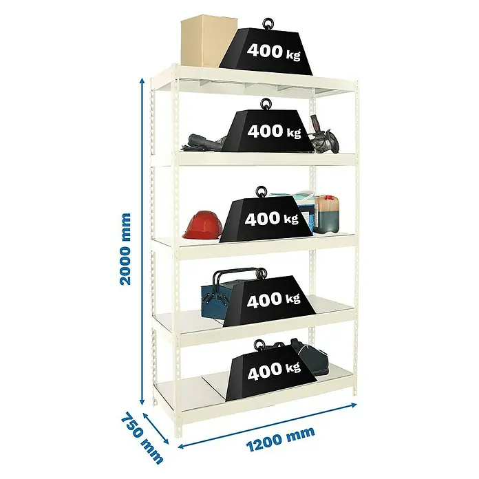 Simonrack Ecoforte Estantería para cargas pesadas Metal - Al x An x Pr: 200 x 120 x 75 cm, Capacidad de carga por balda: 400 kg, Número de baldas: 5 ud., Inserción, Blanco/Galvanizado - Una estantería blanca resistente de cinco niveles, cargada con pesas y objetos, con dimensiones indicadas.
