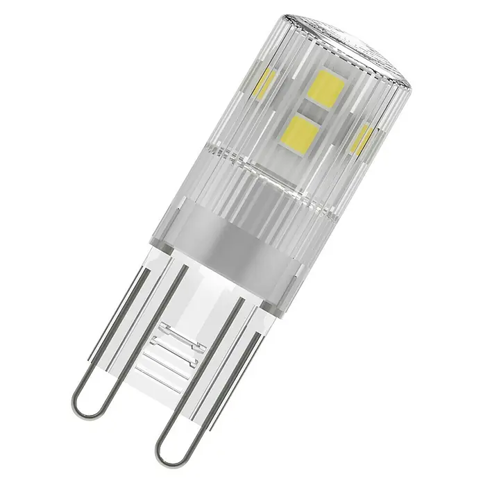 Osram Star Bombilla LED - G9, No regulable, Blanco cálido, 200 lm, 1,9 W - Bombilla LED G9 transparente con chips amarillos visibles y dos pines metálicos en bucle.