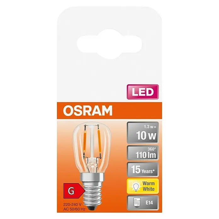 Osram LED-Lampe - E14, Nicht Dimmbar, Warmweiß, 110 lm, 10 W - OSRAM LED E14 Warmweiß Glühbirnenverpackung, zeigt eine 1.3W (10W Äquivalent) 110lm Kerzenform-Glühbirne mit Energieklasse G.