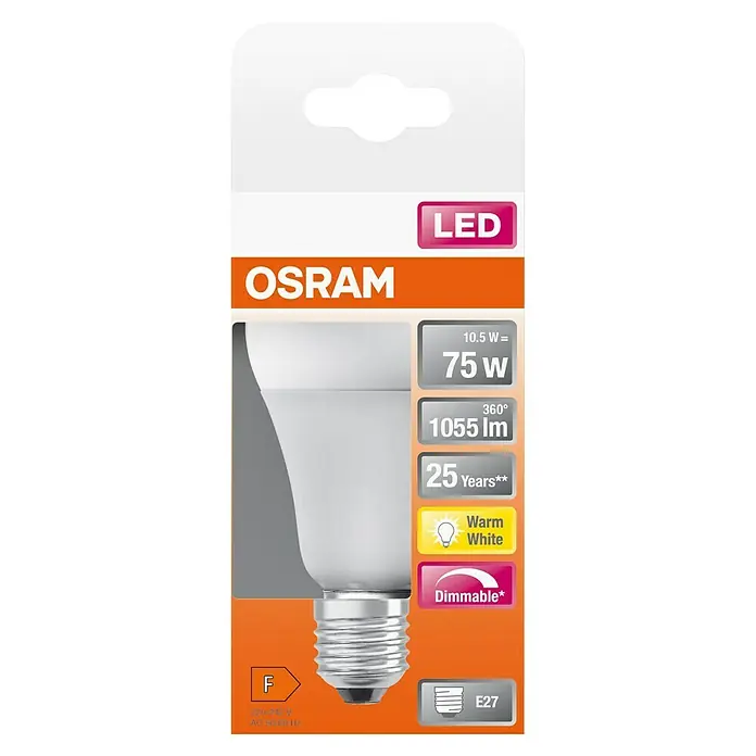 Osram Bombilla LED Superstar Classic A - E27, Intensidad regulable, Blanco cálido, 1.055 lm, 13,5 W - Empaque bombilla LED OSRAM: base E27, luz cálida, regulable, 10,5W (75W equiv.), 1055lm, clase F, 25 años vida útil.