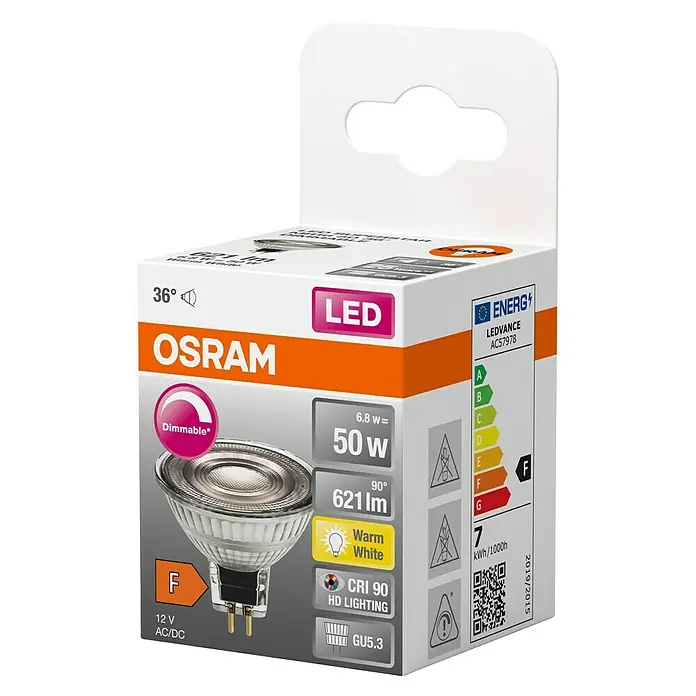 Osram LED-Lampe Pin G4 MR16 - GU5,3, Dimmbar, Warmweiß, 621 lm, 7,8 W - OSRAM LED-Spotlampe (GU5.3, 12V) in Verkaufsverpackung, zeigt 'Dimmable', 'Warm White' und Energieeffizienzklasse F.