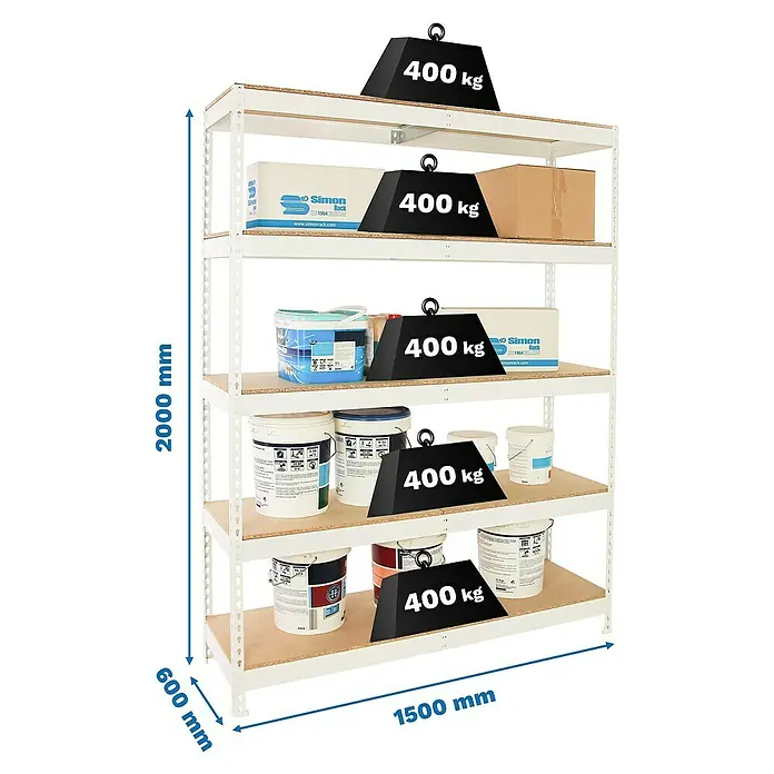 Simonrack Ecoforte Estantería para cargas pesadas Chipboard - Al x An x Pr: 200 x 150 x 60 cm, Capacidad de carga por balda: 400 kg, Número de baldas: 5 ud., Inserción, Blanco/Madera - Una estantería de carga pesada con cinco niveles, etiquetada con dimensiones y símbolos de peso que indican 400 kg por nivel.