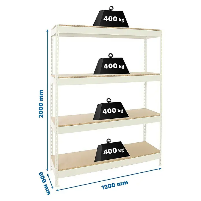 Simonrack Ecoforte Estantería para cargas pesadas Chipboard - Al x An x Pr: 200 x 120 x 60 cm, Capacidad de carga por balda: 400 kg, Número de baldas: 4 ud., Inserción, Blanco/Madera - Imagen de una estantería metálica con cuatro niveles, cada uno cargado con pesos de 400 kg. Las dimensiones son 2000 mm de alto, 1200 mm de ancho y 600 mm de profundidad.