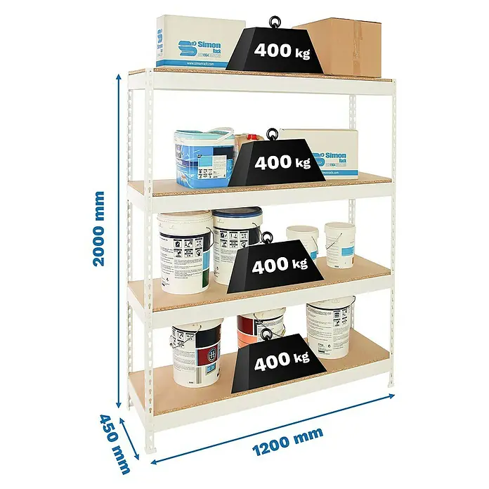 Simonrack Ecoforte Estantería para cargas pesadas Chipboard - Al x An x Pr: 200 x 120 x 45 cm, Capacidad de carga por balda: 400 kg, Número de baldas: 4 ud., Inserción, Blanco/Madera - Esta imagen muestra una estantería de carga pesada con cuatro niveles, cada uno cargado con 400 kg, con dimensiones indicadas.