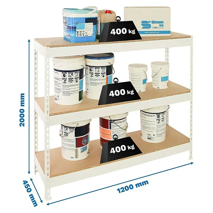 Simonrack Ecoforte Estantería para cargas pesadas Chipboard - Al x An x Pr: 200 x 120 x 45 cm, Capacidad de carga por balda: 400 kg, Número de baldas: 3 ud., Inserción, Blanco/Madera - Una estantería robusta de tres niveles cargada con cubetas de pintura y una caja, cada uno marcado con 400 kg de peso.