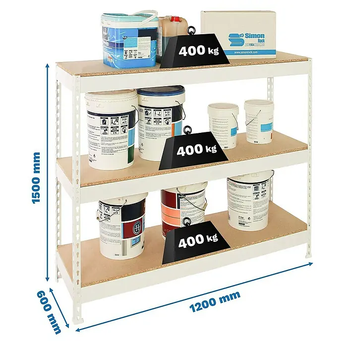 Simonrack Ecoforte Estantería para cargas pesadas Chipboard - Al x An x Pr: 150 x 120 x 60 cm, Capacidad de carga por balda: 400 kg, Número de baldas: 3 ud., Inserción, Blanco/Madera - Una estantería de alta resistencia cargada con tres niveles, ideal para el almacenamiento. La carga máxima por nivel es de 400 kg.