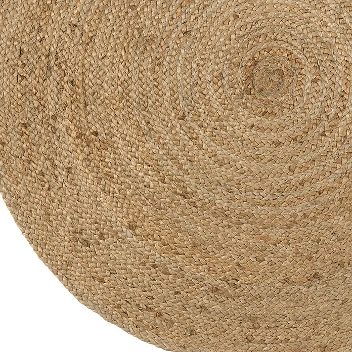 Alfombra de yute Nazar - Beige, Diámetro: 100 cm - Vista detallada de una alfombra redonda de yute trenzado con un diseño en espiral. Muestra su textura natural y paleta de colores cálidos.