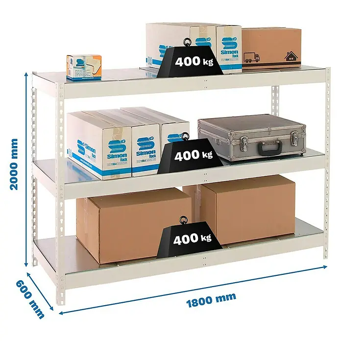 Simonrack Ecoforte Estantería para cargas pesadas Metal - Al x An x Pr: 200 x 180 x 60 cm, Capacidad de carga por balda: 400 kg, Número de baldas: 3 ud., Inserción, Blanco/Galvanizado - Una robusta estantería metálica de tres niveles, cargada con cajas y una capacidad de carga máxima de 400 kg por nivel.