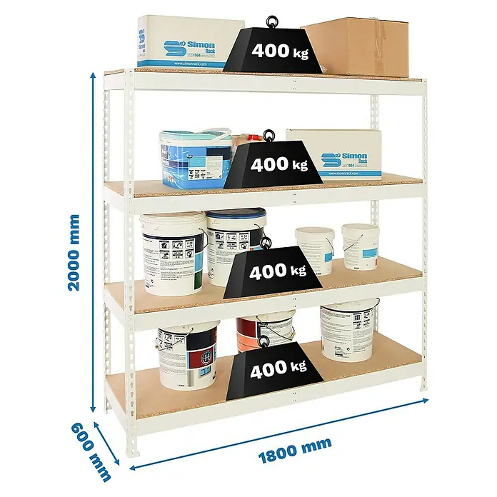 Simonrack Ecoforte Estantería para cargas pesadas Chipboard - Al x An x Pr: 200 x 180 x 60 cm, Capacidad de carga por balda: 400 kg, Número de baldas: 4 ud., Inserción, Blanco/Madera - Imagen de una estantería metálica robusta de cuatro niveles, cada uno capaz de soportar 400 kg, ideal para almacén y taller.