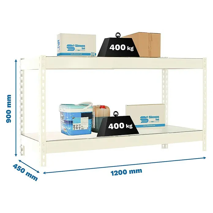 Simonrack Ecoforte Estantería para cargas pesadas Metal - Al x An x Pr: 90 x 120 x 45 cm, Capacidad de carga por balda: 400 kg, Número de baldas: 2 ud., Inserción, Blanco/Galvanizado - Imagen de una estantería metálica de dos niveles, cargada con cajas y pesos, con medidas de altura, anchura y profundidad.