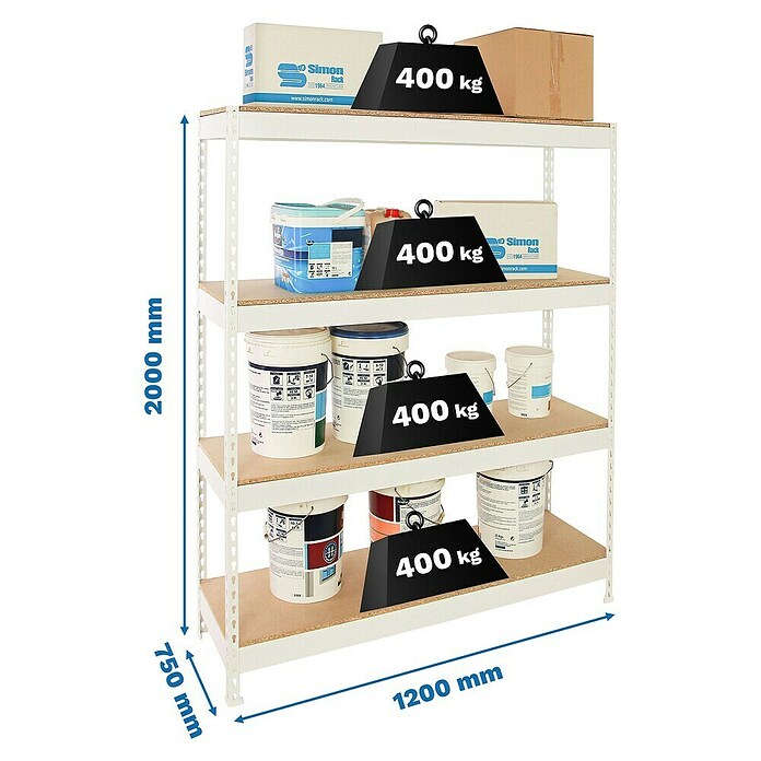 Simonrack Ecoforte Estantería para cargas pesadas Chipboard (Al x An x Pr: 200 x 120 x 75 cm, Capacidad de carga por balda: 400 kg, Número de baldas: 4 ud., Inserción, Blanco/Madera) | BAUHAUS