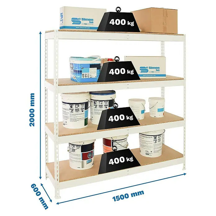 Simonrack Ecoforte Estantería para cargas pesadas Chipboard - Al x An x Pr: 200 x 150 x 60 cm, Capacidad de carga por balda: 400 kg, Número de baldas: 4 ud., Inserción, Blanco/Madera - Imagen de una estantería metálica blanca con cuatro estantes, cargada con envases de pintura y cajas, dimensiones totales indicadas.