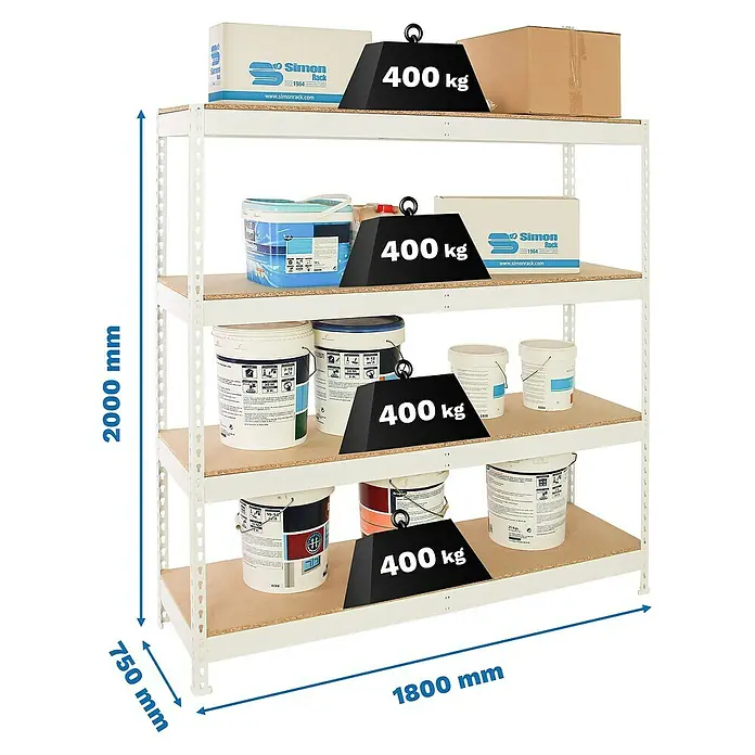 Simonrack Ecoforte Estantería para cargas pesadas Chipboard - Al x An x Pr: 200 x 180 x 75 cm, Capacidad de carga por balda: 400 kg, Número de baldas: 4 ud., Inserción, Blanco/Madera - Una estantería blanca de alta resistencia con cuatro estantes, cargada con latas de pintura y cajas, cada estante marcado con un peso de 400 kg.