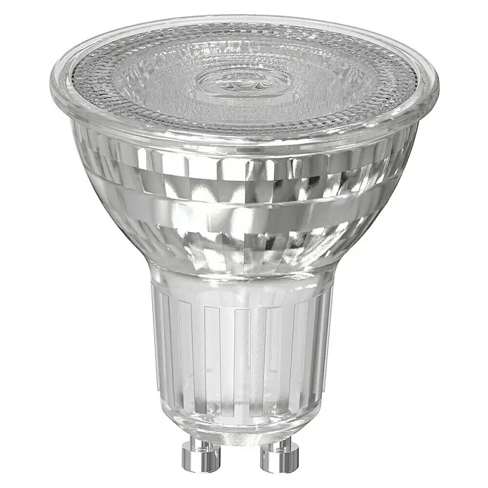 Osram LED-Lampe - GU10, Nicht Dimmbar, Warmweiß, 575 lm, 6,1 W - Nahaufnahme einer MR16 LED-Lampe mit klarem Gehäuse, die fortschrittliche Beleuchtungstechnologie zeigt.