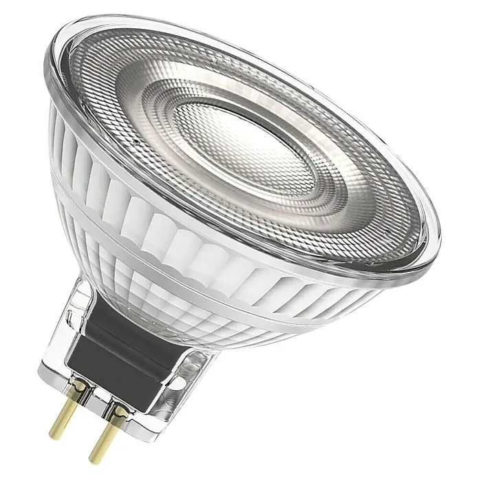 Osram LED-Lampe Pin G4 MR16 - GU5,3, Dimmbar, Warmweiß, 621 lm, 7,8 W - Weiße GU10 Spotbirne mit silbernem Reflektor und klarer Linse, mit zwei Kontaktstiften.