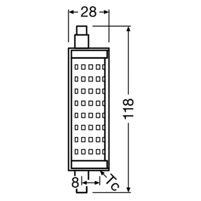 Osram Bombilla LED - R7s, No regulable, Blanco cálido, 2.000 lm, 15 W - Dibujo técnico de una lámpara cilíndrica de 28mm de diámetro y 118mm de largo, con patrón de rejilla y conector.